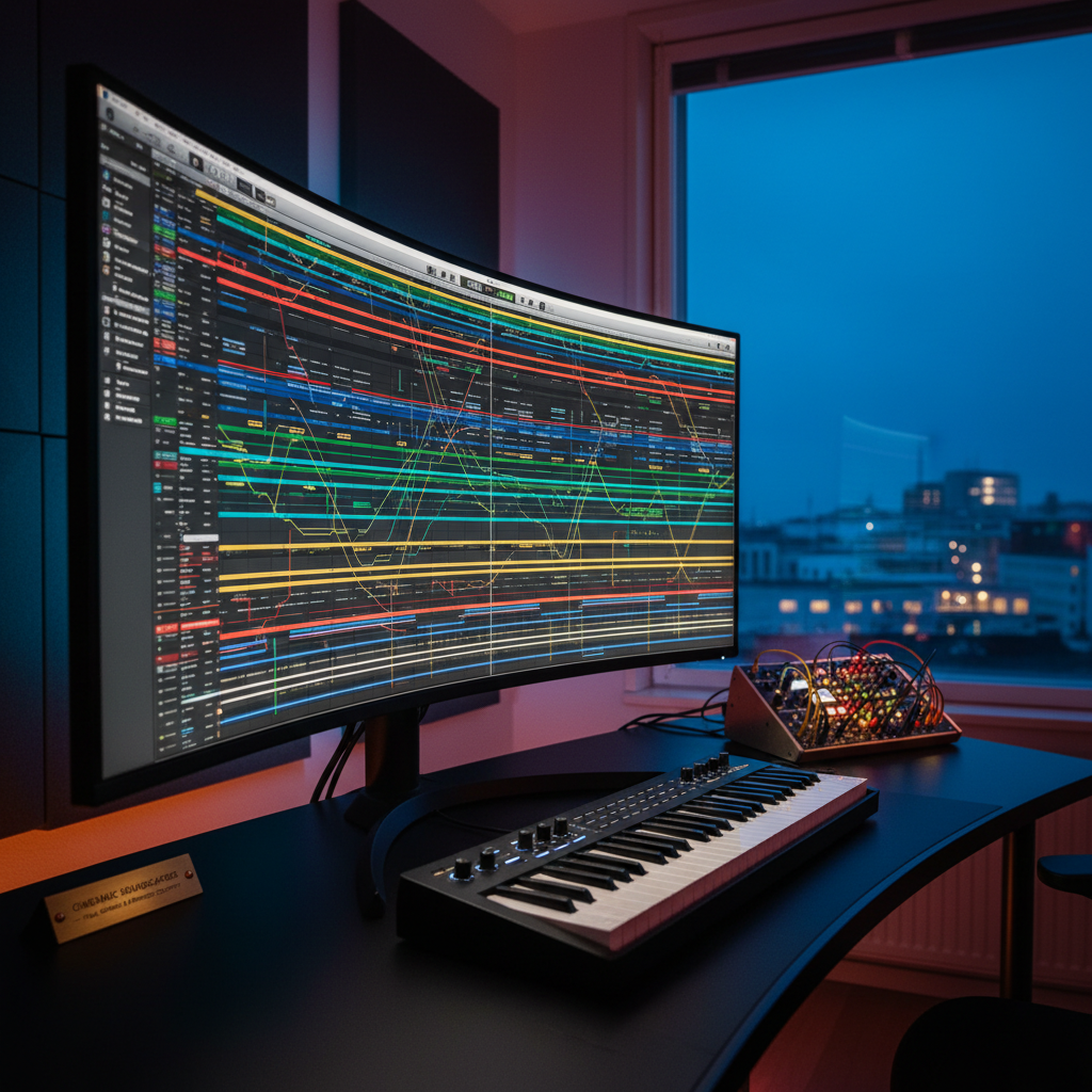 A spacious, contemporary sound design suite featuring a curved ultrawide monitor displaying a complex orchestral session in a digital audio workstation, with multiple colored tracks and automation lanes. Beneath it, a low-profile, backlit MIDI keyboard controller with semi-weighted keys sits on a matte black desk beside a compact modular synth rack in anodized aluminum. The background reveals a large window overlooking a softly blurred Helsinki skyline at dusk, blue hour light gently washing into the room. Discreet LED bias lighting behind the monitor creates a halo effect against a dark acoustic panel wall. Photographic realism, captured from a three-quarter angle with moderate depth of field, blends the warm interior glow with the cool city tones, conveying cinematic, bespoke composition services for film, games, and branded content.